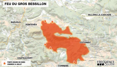 La carte de l'incendie du Gros Bessillon ce vendredi