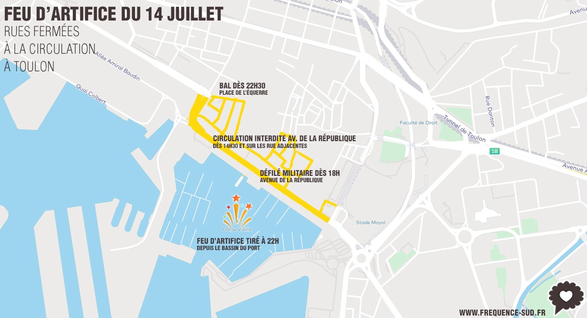 Feu d'artifice du 14 juillet à Toulon: la rue de la République 